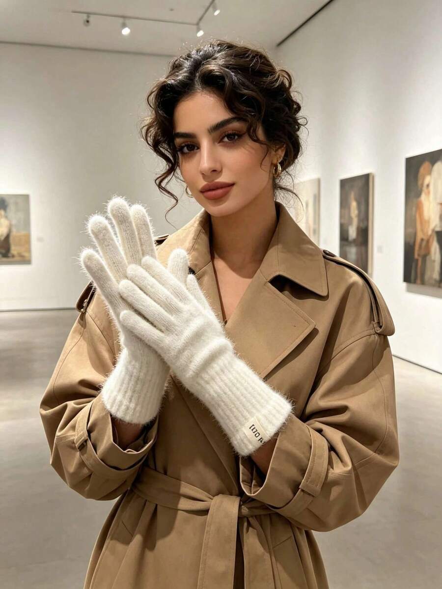 1 Pair Women's Plush Knitted Winter Gloves, Soft Fluffy Full Finger Warm Gloves With Fabric Label Decor, Windproof Hand Protection For Low-Temperature Environments, Suitable For Daily Commute, Shopping, Walking, Driving; Versatile Colorful Winter Accessory, Perfect As A Holiday Gift For Women And Girlfriends - White - View 1