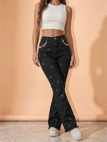 pthirillo Women's Black Flare Jeans With Rhinestones, High Waist, Butt-Lifting, Premium Shine - 口袋珍珠和斑點珍珠 - 查看 1
