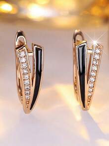 Minimalist Black Enamel Zirconia Earrings, Gold-Plated Double Curved Clip-On Earrings, Elegant Office Daily Wear Women's Anniversary Jewelry - Champagne Gold - View 1