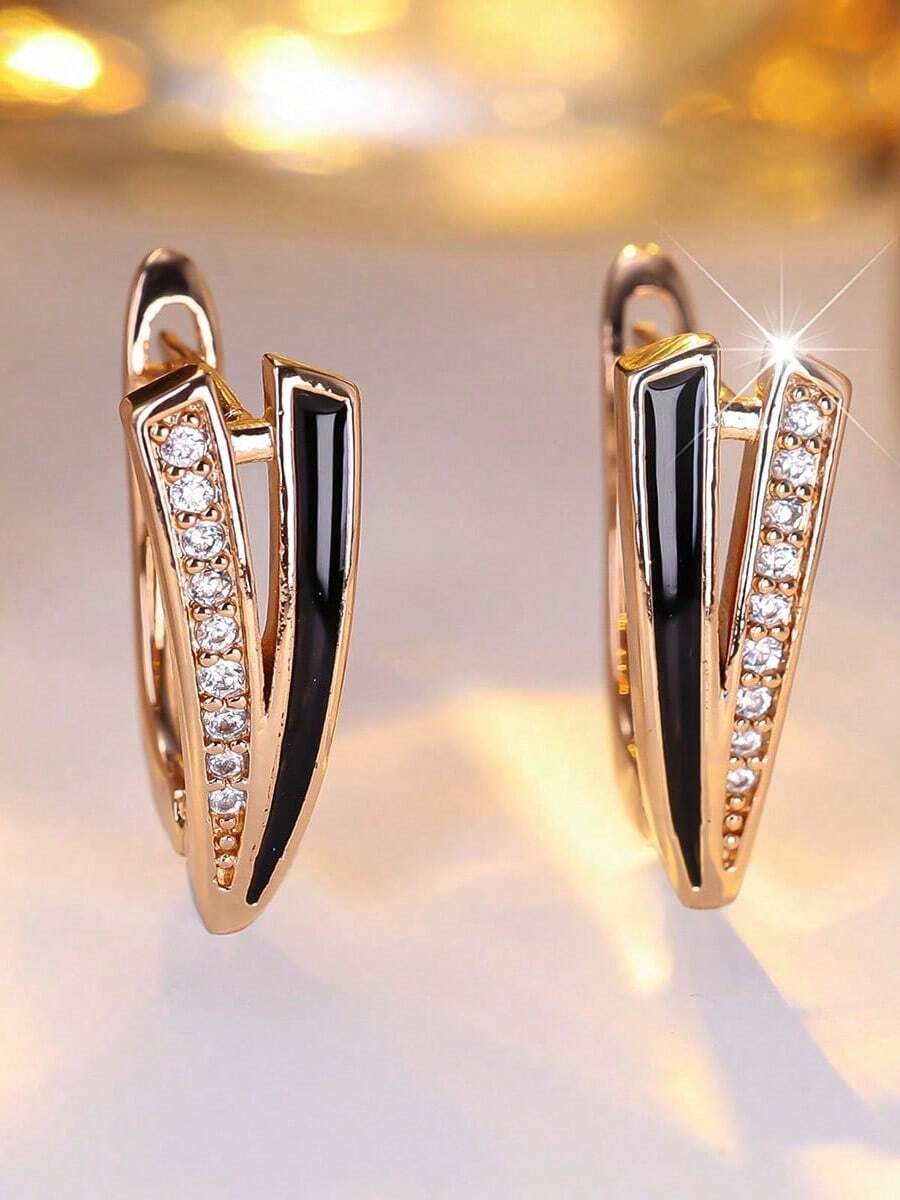 Minimalist Black Enamel Zirconia Earrings, Gold-Plated Double Curved Clip-On Earrings, Elegant Office Daily Wear Women's Anniversary Jewelry - Champagne Gold - View 1