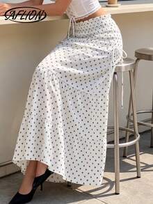 Aflion Women Summer Fall White Polka Dot Maxi Skirt, Elastic High Waist Ruffle Hem Skirt With Side Drawstring For Daily, Date & Vacation - White - View 9