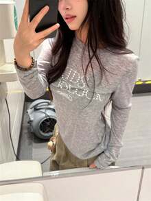 Women's American Style Pearl Rhinestone Long Sleeve T-Shirt, Slim Fit Thin Sun Protection Cover-Up, Summer Early Autumn - Grey - View 5