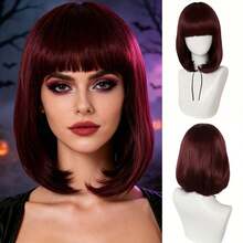 Fashionable 14 Inch Burgundy Short Bob Wig With Straight Bangs, Smooth And Vibrant Women's Short Hair, Basic Style, Adjustable Breathable Inner Cap, Synthetic Fiber Wig, Comfortable And Breathable, Easy To Style, Suitable For Cosplay, Party And Daily Wear, Perfect For Halloween Events - Multicolor - View 3