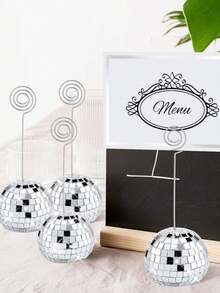 20pcs Disco Ball Shaped Table Number Holders, Silver Disco Style Photo Clips With Silver Blank Business Card Set, Spiral Metal Wire Table Number Holders, Christmas Wedding Photo Clips - A - View 3