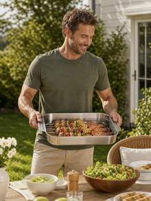 1pc Thickened Double Handle Stainless Steel Deep Baking Pan, Large Rectangular Hot Pot Serving Tray, Fruit Pizza Platter, Smooth And Easy To Clean, Suitable For Grilled Fish, Mixed Seafood, Shellfish, Hot Pot, Indoor BBQ, Party Banquet, Buffet, Home And Restaurant Use, Perfect For Food Preparation - Square Fish Roasting Pan - View 8
