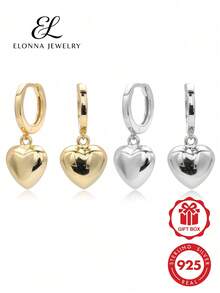 SYMFNY 1 Pair 925 Sterling Silver 3D Heart-Shaped Stud Earrings, Smooth Solid 3D Heart Pendant Hoop Earrings - Love - View 1
