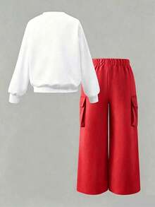 Young Girl Letter Print Warm Crew Neck Sweatshirt And Cargo Pants - White - View 3