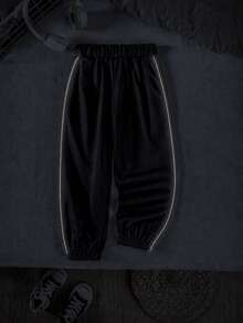 Young Boy Casual Minimalist Versatile Preppy Style Black Long Pants With Diagonal Pockets, Suitable For Vacation, Travel, Sports, School And Daily Wear - Black - View 11