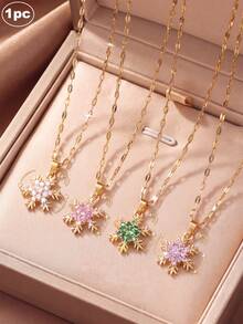 1pc/Double-Layer Rotatable Exquisite Fashion Women's Necklace, Gold Snowflake Zirconia Pendant Necklace, Fashionable Multicolor Inlaid Zirconia Chain Necklace For Women, Elegant Sparkling Zirconia Fashion Jewelry Necklace, Suitable For Christmas, Winter, Daily, Party Jewelry Gift - Yellow Gold - View 3
