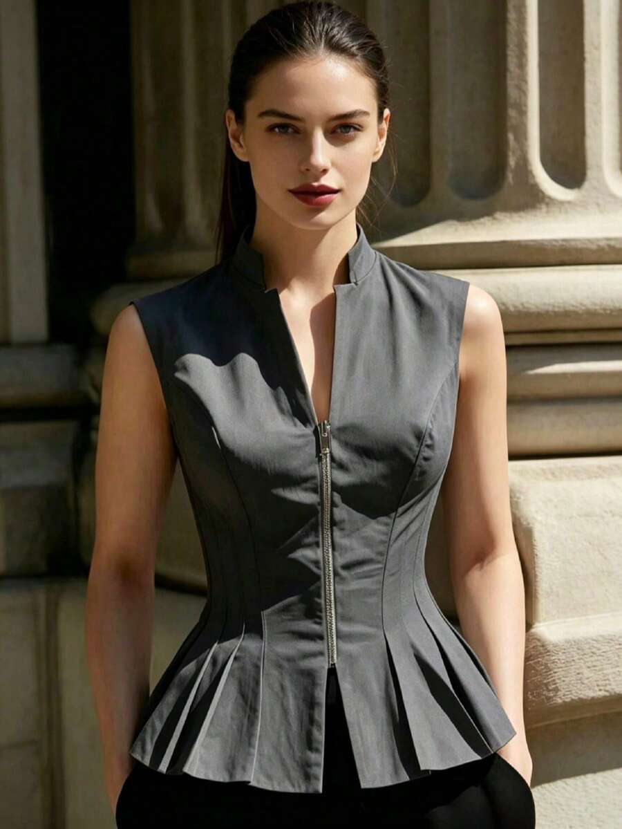 Minimalist Fashion Solid Color Zipper Pleated Women's Elegant Flared Hem Top For Daily Office Summer Wear - Grey - View 1