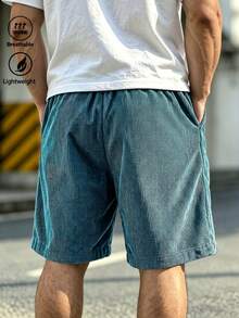 Men's Lightweight Corduroy Shorts With Elastic Waistband, Drawstring And Letter Patch, Casual Vacation Style, Loose Fit With Adjustable Elastic Waistband - Blue - View 4