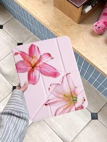 1件粉色百合花平板保護殼，相容 iPad Mini6/7/Air/Air2/9.7/10.2/10.5/10.9 (Air4-Air8)/Pro 11/10th Gen/A16/Pro 11 2024，雙面彩繪圖案，透明壓克力背殼，絲綢質感 8 折支架，自動休眠/喚醒，內建筆槽，不含筆，部分機型附相機框 - 彩色 - 查看 4