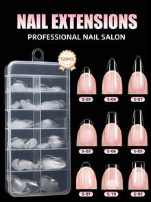 120pcs Short Medium Long Almond Shape Acrylic False Nails, 12 Sizes Semi-Matte Glossy Full Coverage Soft Gel Nail Tips, Home Manicure Salon DIY Nail Supplies - Clear - View 1