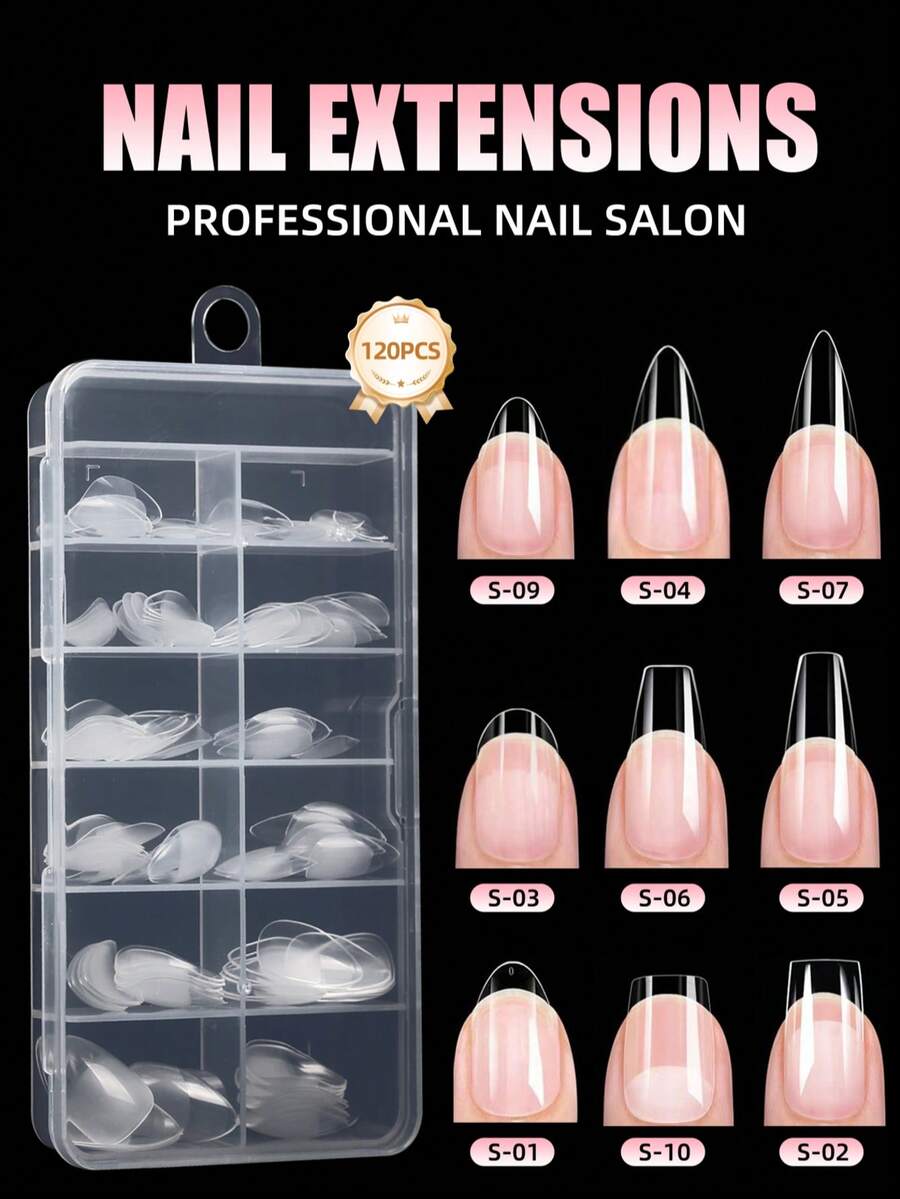 120pcs Short Medium Long Almond Shape Acrylic False Nails, 12 Sizes Semi-Matte Glossy Full Coverage Soft Gel Nail Tips, Home Manicure Salon DIY Nail Supplies - Clear - View 1
