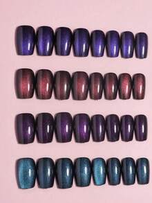 96pcs/Box Short Square Glossy Cat Eye Press-On Nails, Deep Red/Purple/Green/Blue Cat Eye Mixed Color Full Coverage Square Cat Eye Nail Stickers - Multicolor - View 5