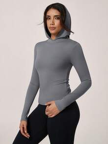 Women's Hooded Long Sleeve Slim Fit Pullover Stretch Solid Versatile Early Autumn Gym Running Cycling Hiking Golf Top - Grey - View 11