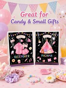6 Black Pajama Party Gift Bags With Hollow Handles, Cute Tent Pajama Candy Print Packaging, Suitable For Birthday Party, Pajama Party, Snacks, Shopping And Gift Wrapping Supplies - Multicolor - View 5