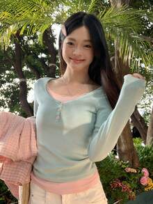 Women's 2 In 1 Lace Trim Long Sleeve T-Shirt, Early Autumn Korean Style Slim Fit Cropped Base Layer Top - Mint Green - View 4