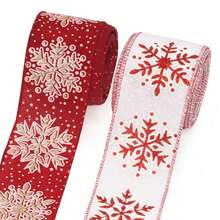 2 Rolls 63mm X 5 Yards Christmas Wired Edge Snowflake Holiday Gift Wrapping Ribbon, Christmas Wreath Bow Making Ribbon, Winter Burlap Craft Decorative Ribbon, Red And White Color, Suitable For Gift Wrapping And Handmade Crafts - Multicolor - View 3