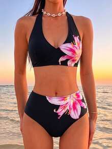 WaveBikini High Waist Bikini Set Quick Dry Halter V‑Neck Lily Floral Print Swimwear For Women Beach Pool Vacation Bathing Suit - Multicolor - View 4