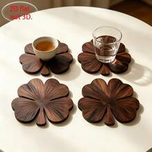 4pcs Walnut Color Coasters - Clover Wooden Coasters, Luxury Coffee & Tea Cup Desktop Protection Coaster Set, Suitable For Home, Bar And Country Style Home Decor Gift, 2D Flat - Coffee Brown - View 2