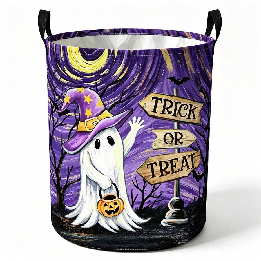 1件裝萬聖節 Trick Or Treat 幽靈印花洗衣籃,可折疊圓形布製收納籃,雙手柄設計,多功能衣物雜物收納籃,適用臥室、浴室、居家裝飾 - 淡紫色 - 查看 1