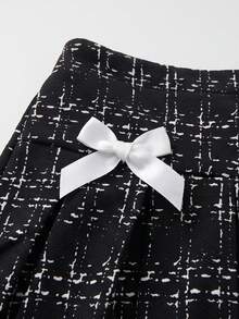Purechapter 2pcs Tween Girls Fashion Elegant Colorblock Contrast Patchwork Open Front Lapel Collar Shirt And Bow Skirt Set, Spring/Autumn - Black - View 6