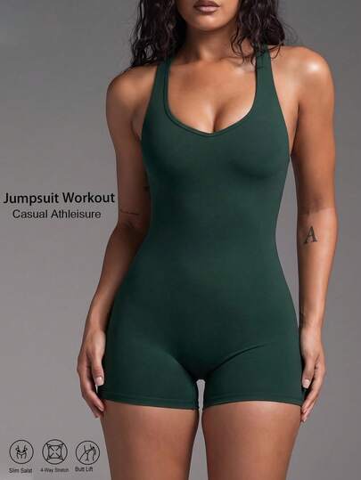 Women's Casual Sports One-Piece Jumpsuit, Criss-Cross Square Neck Backless Adjustable Shoulder Strap Athletic Fitness Tight Jumpsuit, Suitable For Yoga, Gym, Daily Wear, Running