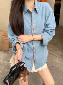 Korean Style Lazy Colorful Button Denim Shacket Women Early Autumn Niche Elegant Lapel Long Sleeve Top - Blue - View 5