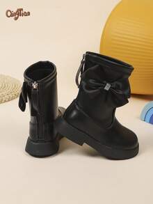 1 Pair Girls' Bow & Rhinestone Decor PU Leather Mid-Calf Boots, Round Toe Back Zipper Thick Flat Sole, Sweet Princess Style Girls' Short Boots, Suitable For Autumn/Winter Daily Wear And Holiday Party Occasions - Black - View 3