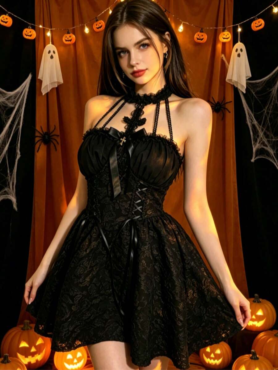 Dress 1, Gothic Lolita Spaghetti Strap Dress With Corset And Bow Decoration, Black Lace Mini Party Dress, Suitable For Cosplay Fall - Black - View 1