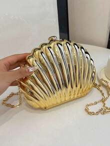 Mini Shell Shaped Laser Metal Clutch Bag,Y2K Retro Metal Frame Chain Shoulder Crossbody Bag,For Women's Formal Evenings, Outings,Dates,Shopping,Etc. - Gold - View 6