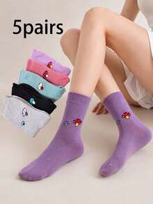5 Pairs Small Mushroom Solid Color Thick Terry Mid-Calf Socks, Autumn/Winter Daily Commute Casual Versatile Women's Socks - Multicolor - View 1