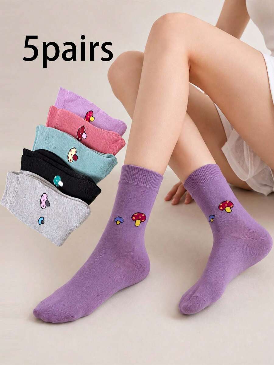 5 Pairs Small Mushroom Solid Color Thick Terry Mid-Calf Socks, Autumn/Winter Daily Commute Casual Versatile Women's Socks - Multicolor - View 1