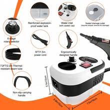 Limpiador a vapor portátil - Modelo compacto de alto rendimiento con cable de 2500 W, calentamiento en 15 segundos, depósito de agua de 1,2 L, mango ajustable de 3 velocidades, limpiador a vapor de alta presión para eliminar manchas y suciedad, vapor de alta presión - Blanco - Ver 6