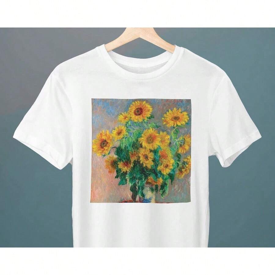 Bouquet Of Sunflowers, Claude  Painting, Unisex T-Shirt, Art T-Shirt, Flowers T-Shirt, Gift For Her, Gift For Him, Art Lover Gift - White - View 1