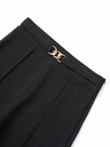 Women's Pure Black High Waist Flare Suit Pants, Gold Metal Interlocking Buckle Decor, Front Seam Slim Fit Flare Pants - Black - View 5