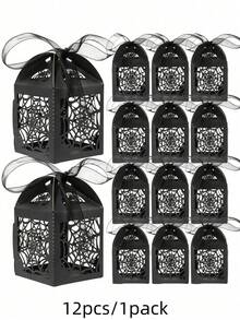 1/12 piezas Cajas de regalo de dulces de Halloween con cinta, estilo telaraña negra | Cajas de regalo de dulces de papel huecas de 2 pulgadas, adecuadas para recuerdos de boda gótica, recuerdos de fiesta, despedida de soltera y cumpleaños - Multicolor - Ver 10