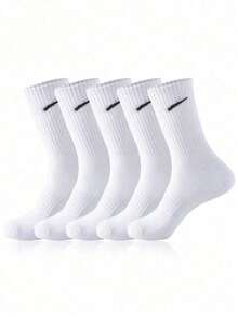5/10 Pairs White Mid-Calf Socks, Unisex | Basic Solid Color | Thick & High Elasticity, Suitable For Sports And Daily Wear - Multicolor - View 1