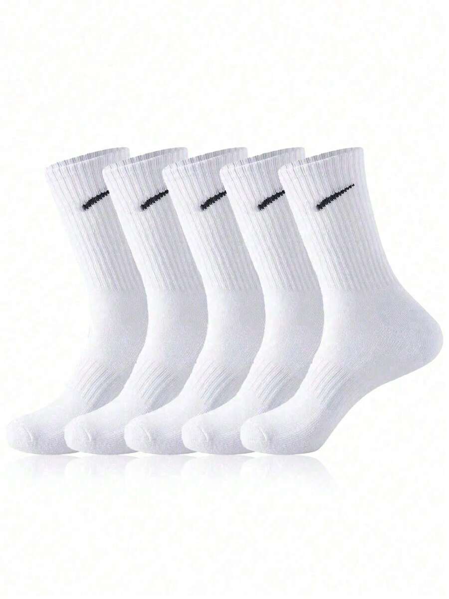5/10 Pairs White Mid-Calf Socks, Unisex | Basic Solid Color | Thick & High Elasticity, Suitable For Sports And Daily Wear - Multicolor - View 1