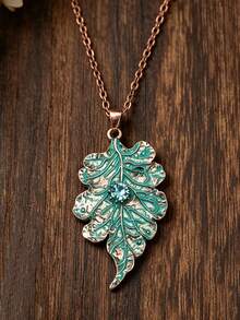 1pc Fashion Distressed Vintage Green Leaf Pendant Necklace, Women's High-End Style Synthetic Rhinestone Leaf Pendant Necklace - Red Copper - View 4