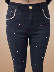 pthirillo Women's Black Flare Jeans With Rhinestones, High Waist, Butt-Lifting, Premium Shine - 口袋珍珠和斑點珍珠 - 查看 5