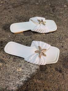 WRCVS 白色女款刺繡梭織平底拖鞋，金屬扣飾波希米亞風派對度假涼鞋，五星圖案戶外鞋 - 白色 - 查看 4