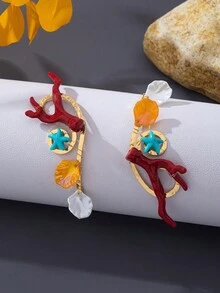 1pc Burgundy Coral Shell Arm Cuff, Shell & Starfish Contrast Metal Armlet, Personalized Beach Vacation Arm Accessory - Burgundy - View 3
