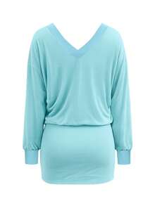 LovelyWholesale Gaun Mini Lengan Panjang Leher V Polos untuk Wanita, Gaun Pendek Bodycon Ramping dengan Bahu Jatuh Longgar, Gaun Kasual untuk Acara Malam Hari, Gaun Sehari-hari - Hijau - View 7
