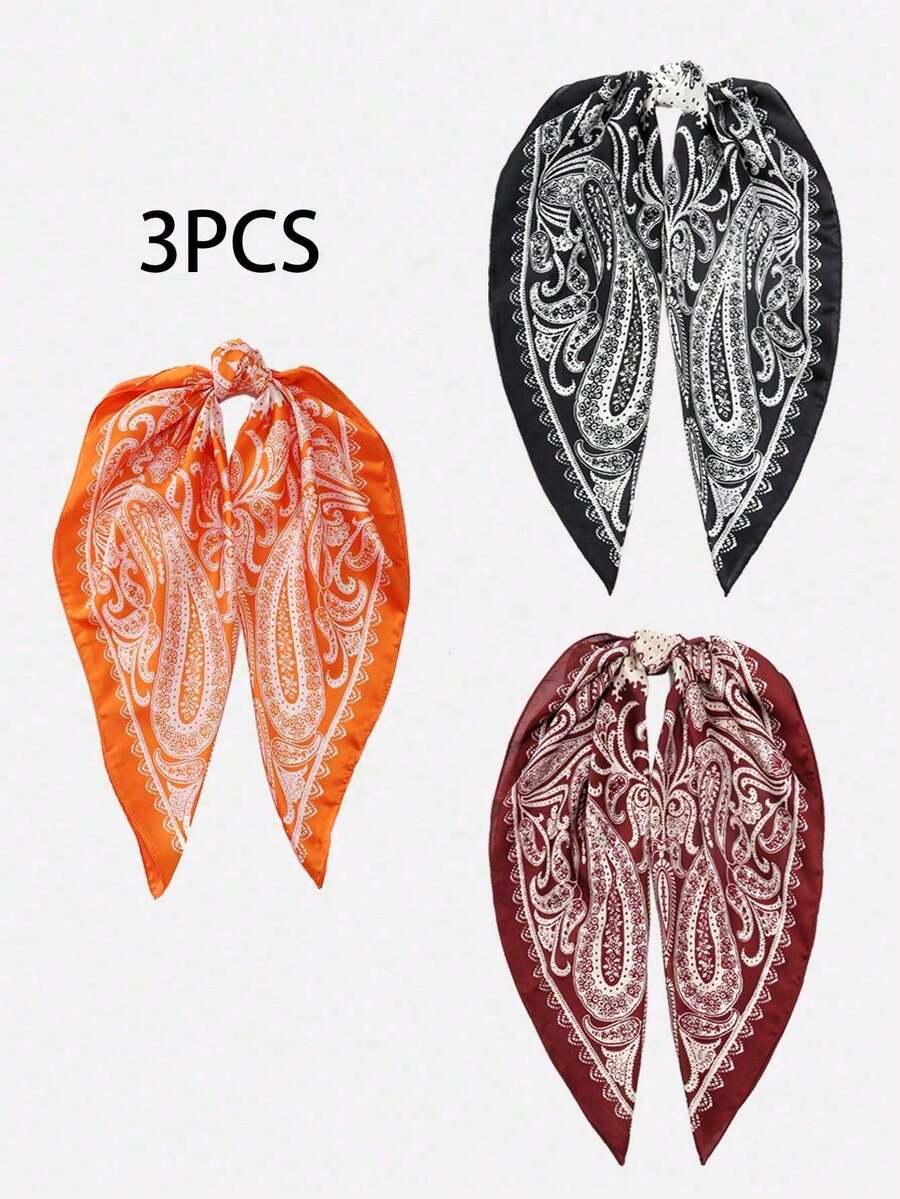 3 piezas Pañuelos cuadrados de seda con estampado bohemio de paisley, 27.5" X 27.5", diseño de moda, adecuado para uso diario - 1 unidad burdeos + 1 unidad naranja + 1 unidad negro - Ver 1