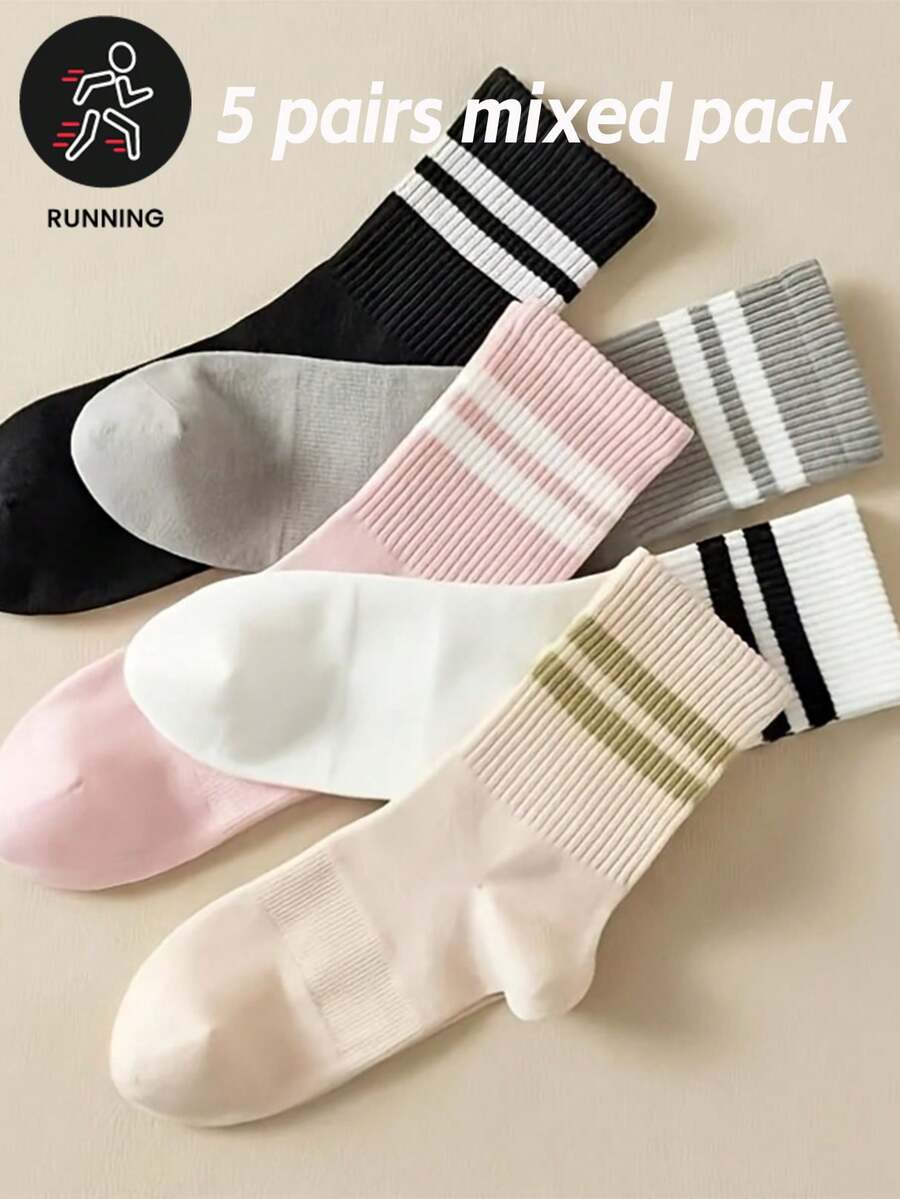 5 Pairs Women's Spring/Summer Sports Style Striped Fashion Personalized Mid-Calf Socks Comfortable Versatile Best Socks - Multicolor - View 1