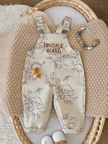 Baby Boy Casual Overalls, Dinosaur World Pattern Embroidered All-Over Print, Adjustable Shoulder Straps Infant Long Pants - Khaki - View 15