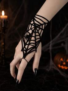 1 chiếc vòng tay không ngón phong cách Gothic tối màu họa tiết mạng nhện cho nữ, phù hợp mặc đi tiệc Halloween và tụ họp - màu đen - Xem 4