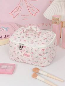 1Pc Ditsy Floral Quilted Makeup Bag With Built-In Mirror Portable Handle Large Capacity Travel Cosmetic Organizer Skincare Wash Bag For Women Daily T - Multicolor - View 8
